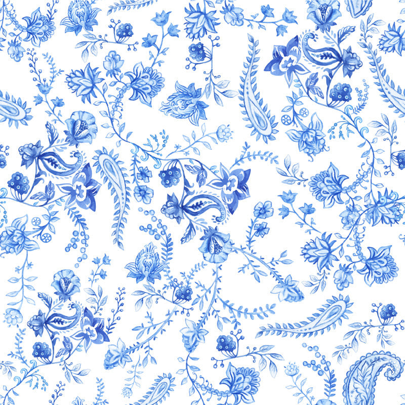 Blue floral wallpaper and paisley pattern on a white background