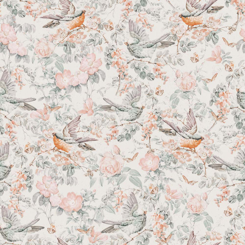 Floral wallpaper and bird pattern on a light background