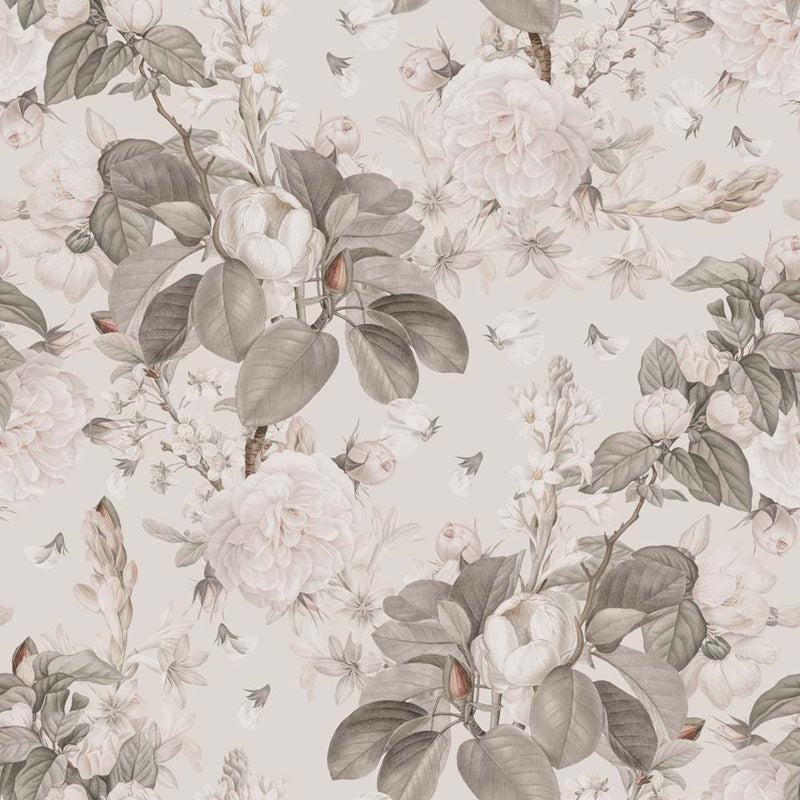 Floral pattern with white flowers and green leaves on a light background