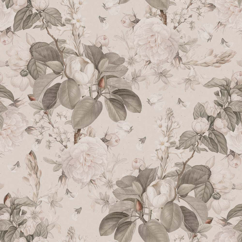 Floral pattern with white flowers and green leaves on a light background