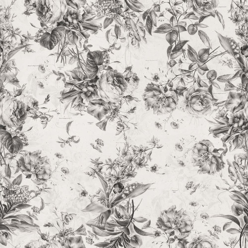 Floral wallpaper pattern with black and white flowers on a light background