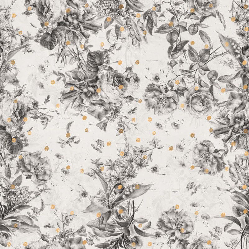 Floral wallpaper pattern with black and white flowers on a light gray background
