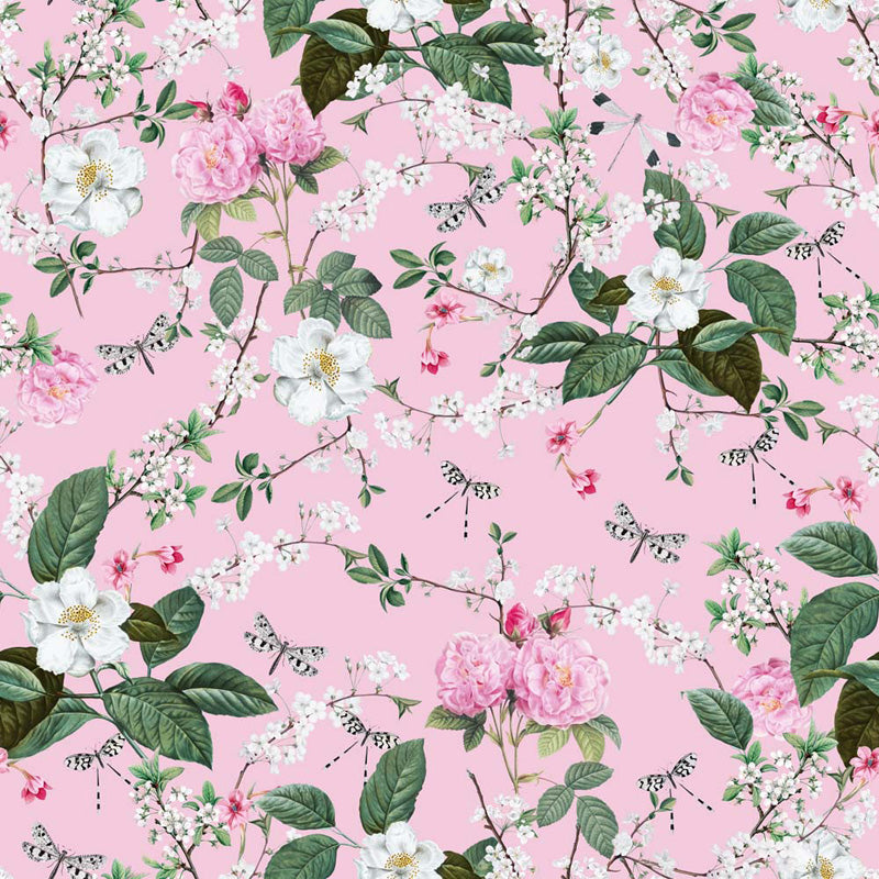 Floral wallpaper pattern with pink flowers and green leaves on a pink background