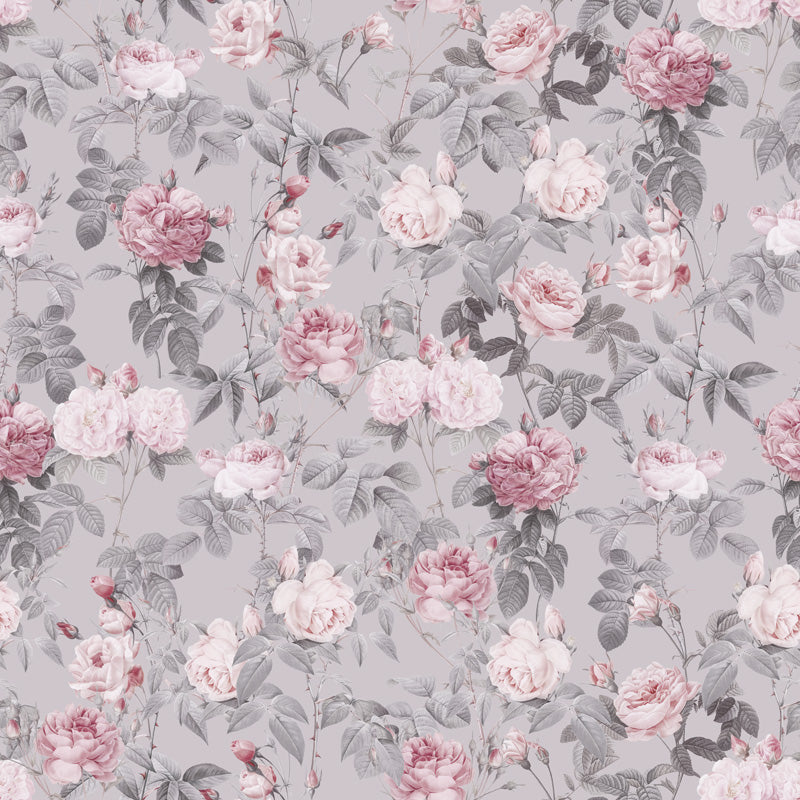 Floral wallpaper pattern with pink and white flowers on a gray background