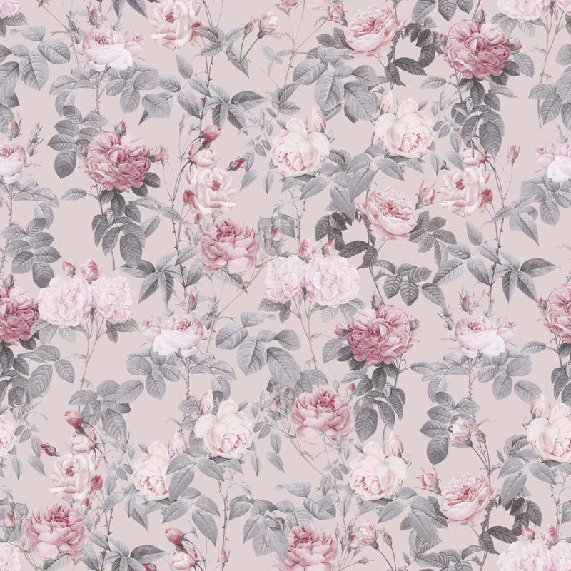 Floral wallpaper pattern with pink and white flowers on a light background