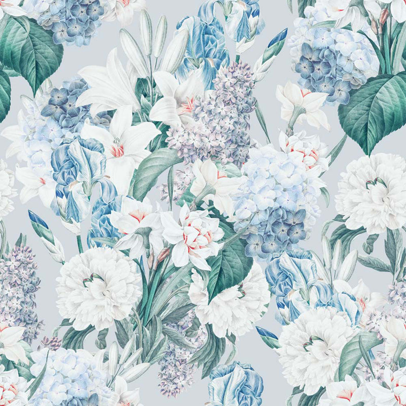 Floral wallpaper pattern with blue and white flowers on a light gray background