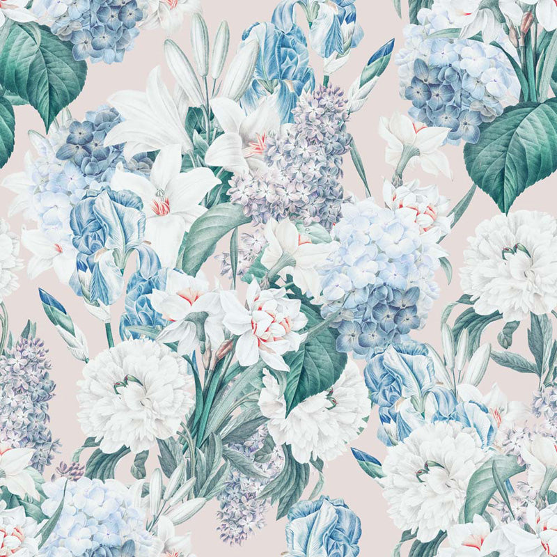 Floral pattern with blue and white flowers on a beige background