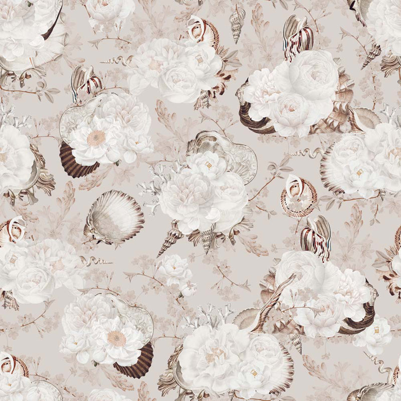 White wallpaper with white flowers and seashells on a light background