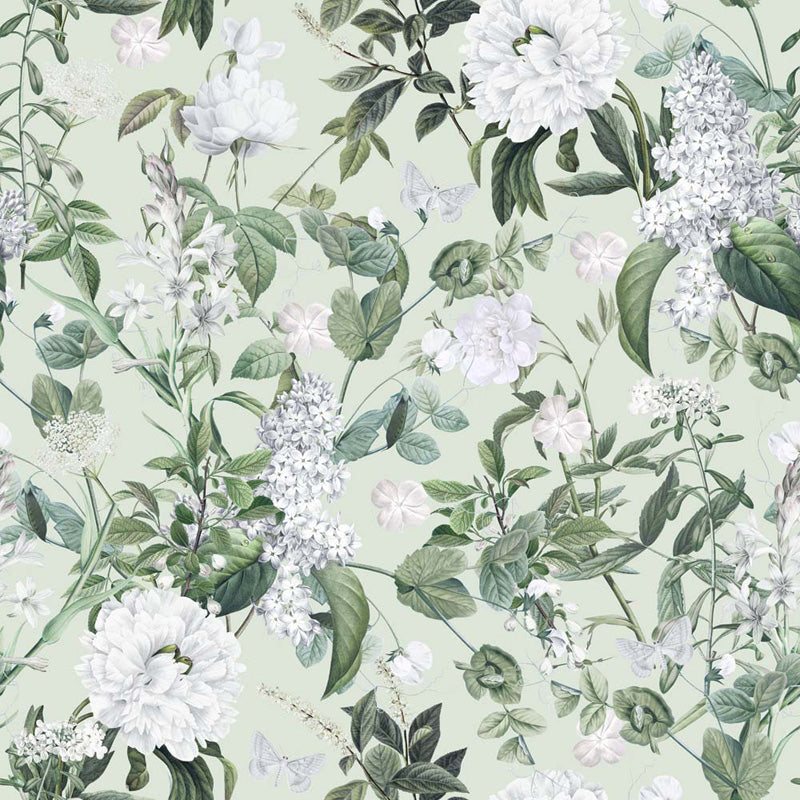 Floral wallpaper with white flowers and green leaves on a light green background