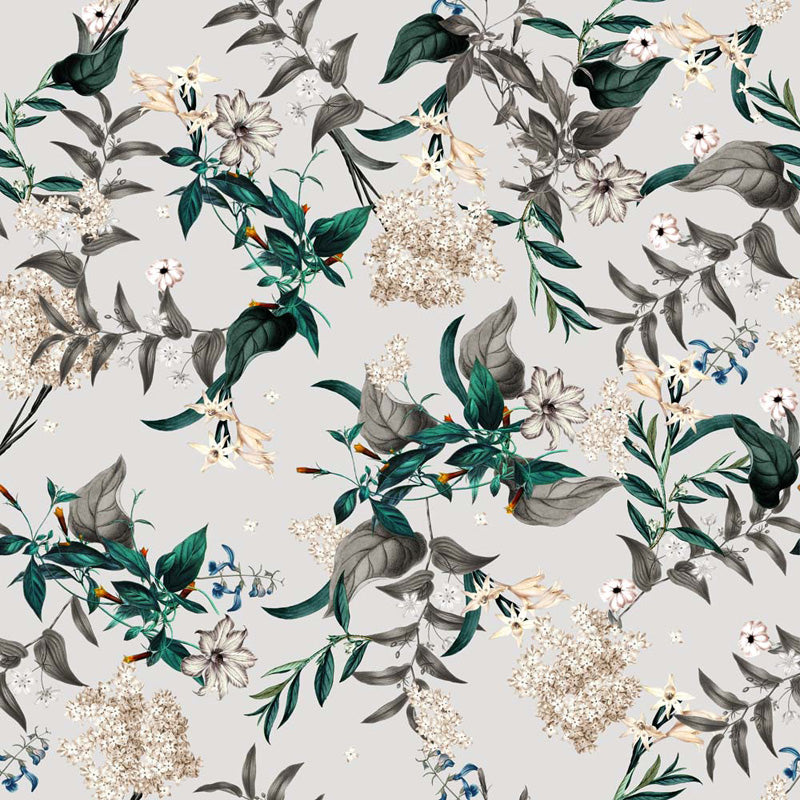 Floral wallpaper pattern on a light gray background