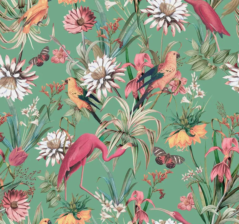 Wallpaper pattern with flamingos, birds, and flowers on a green background