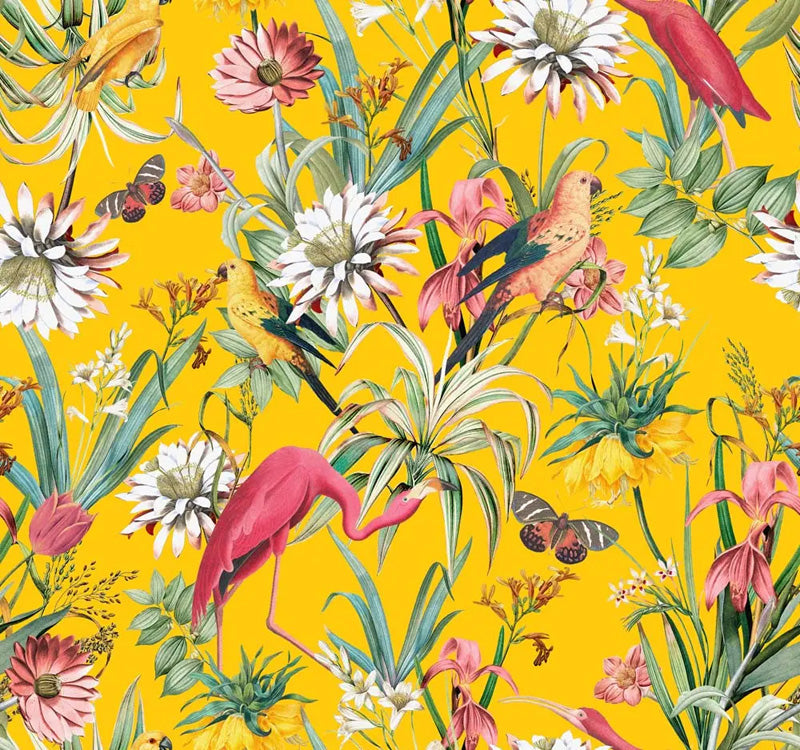 Tropical floral wallpaper and bird pattern on a yellow background