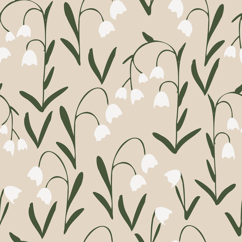 Floral wallpaper design of white flowers with green leaves on a beige background