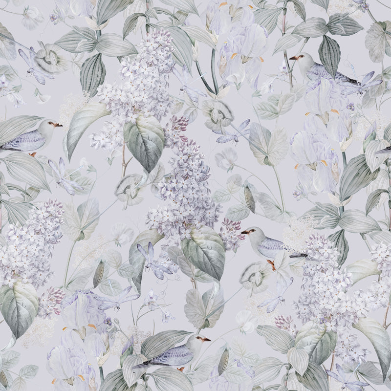 Floral wallpaper and leaf pattern with white flowers and green leaves on a light background