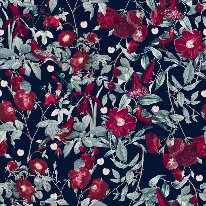 Floral wallpaper design of red flowers and birds on a dark blue background