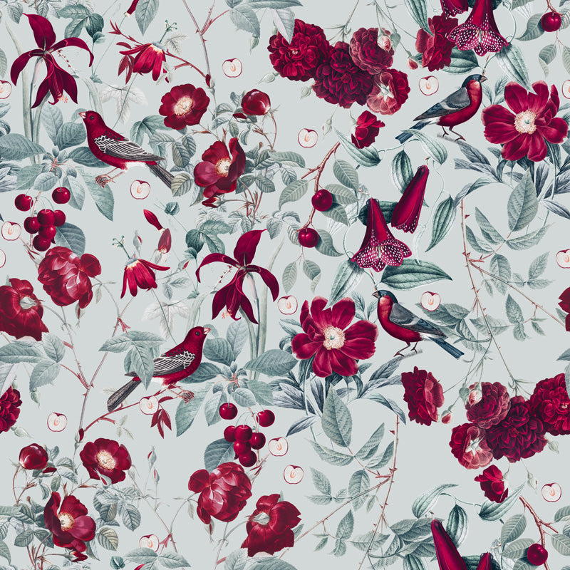 Floral wallpaper and bird pattern with red flowers and birds on a light blue background
