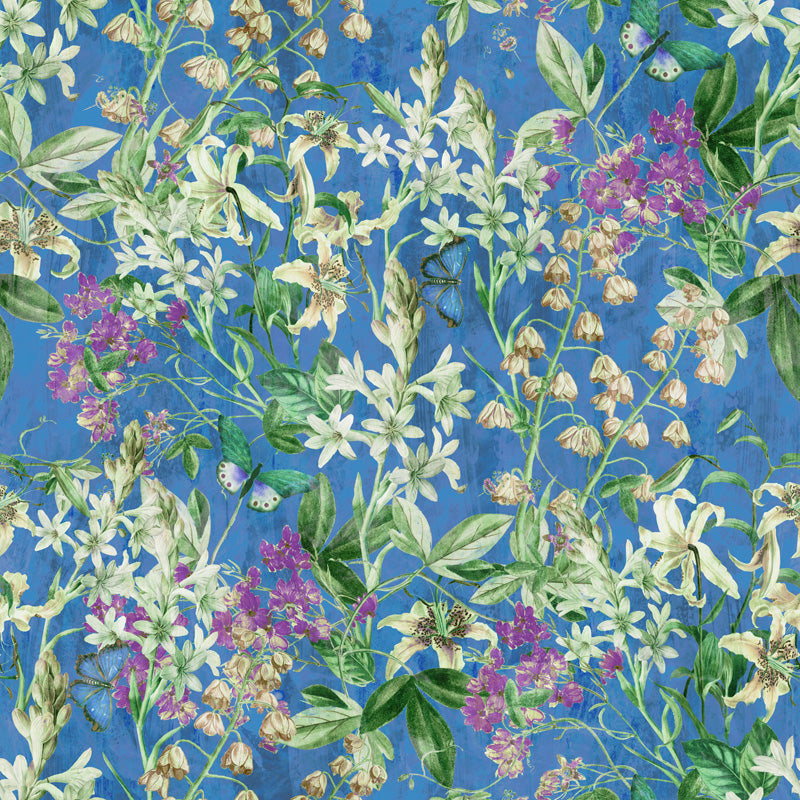 Floral wallpaper pattern with white, purple, and green flowers on a blue background