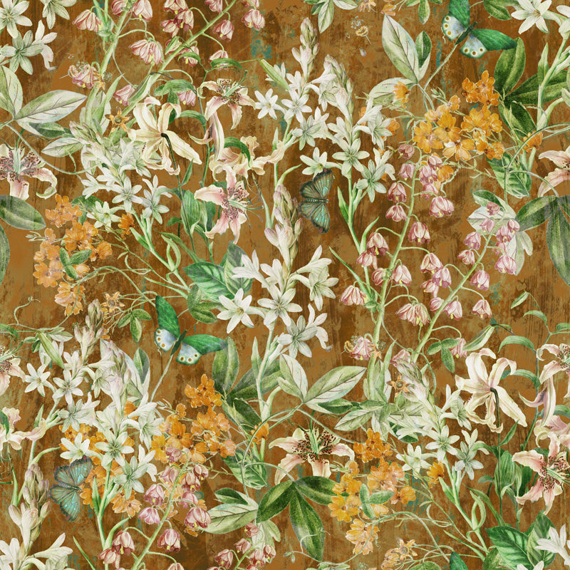 Botanical wallpaper of flowers and butterflies on a brown background