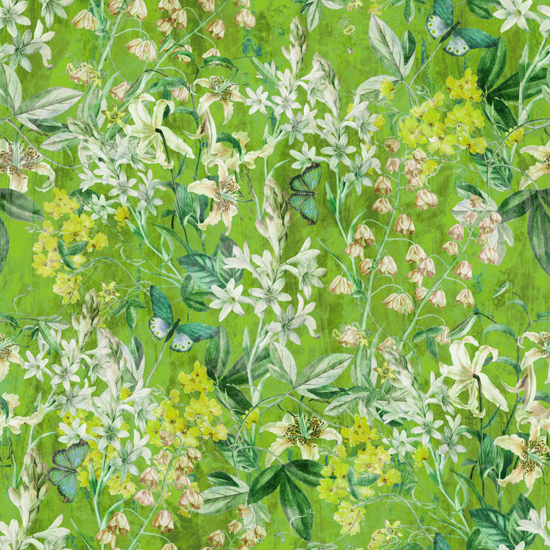 Floral wallpaper pattern with white and yellow flowers on a green background