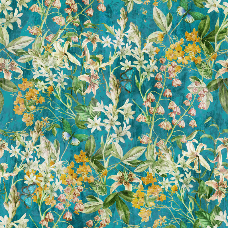 Floral wallpaper pattern with white, yellow, and green flowers on a blue background