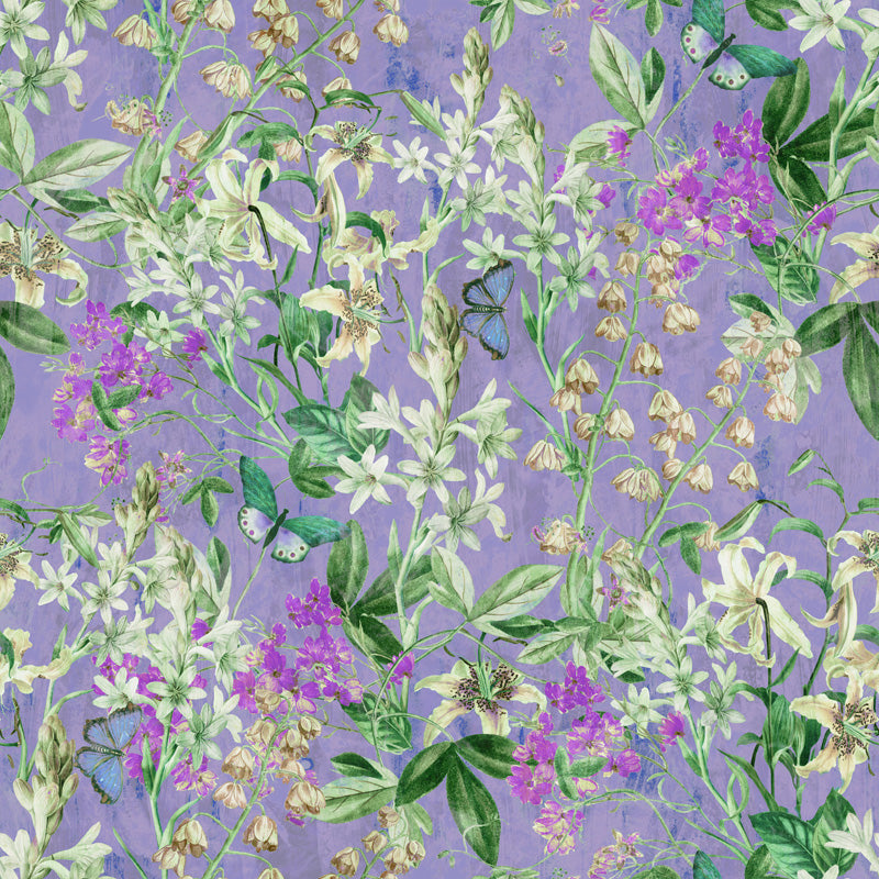 Floral wallpaper pattern with green leaves and purple flowers on a purple background