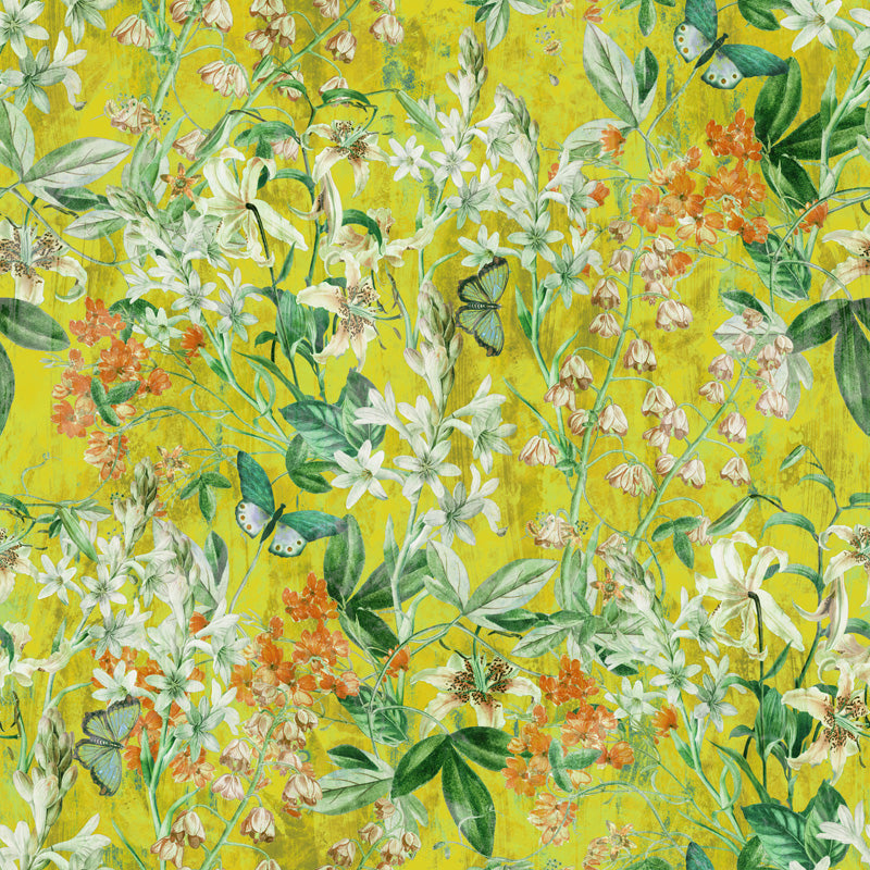 Floral wallpaper pattern with butterflies on a yellow background