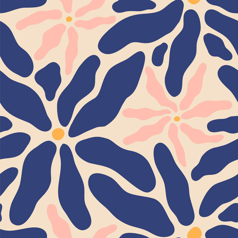 Midnight Bloom – Abstract Floral Wallpaper in Blue and Blush