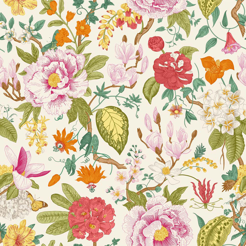 Colorful floral wallpaper pattern with various flowers and leaves on a light background