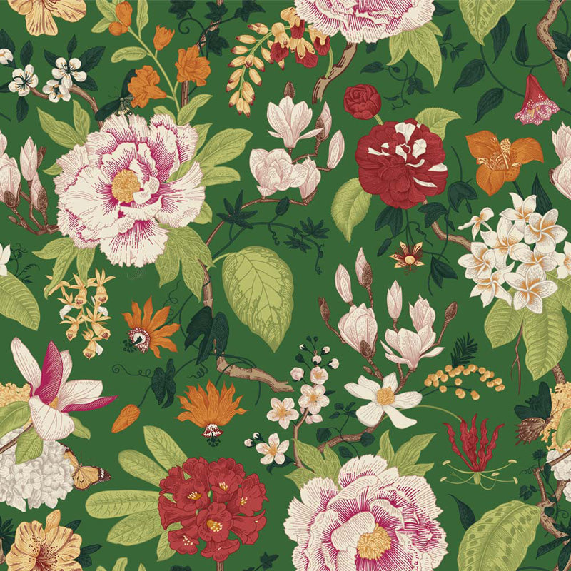 Colorful floral wallpaper pattern on a green background
