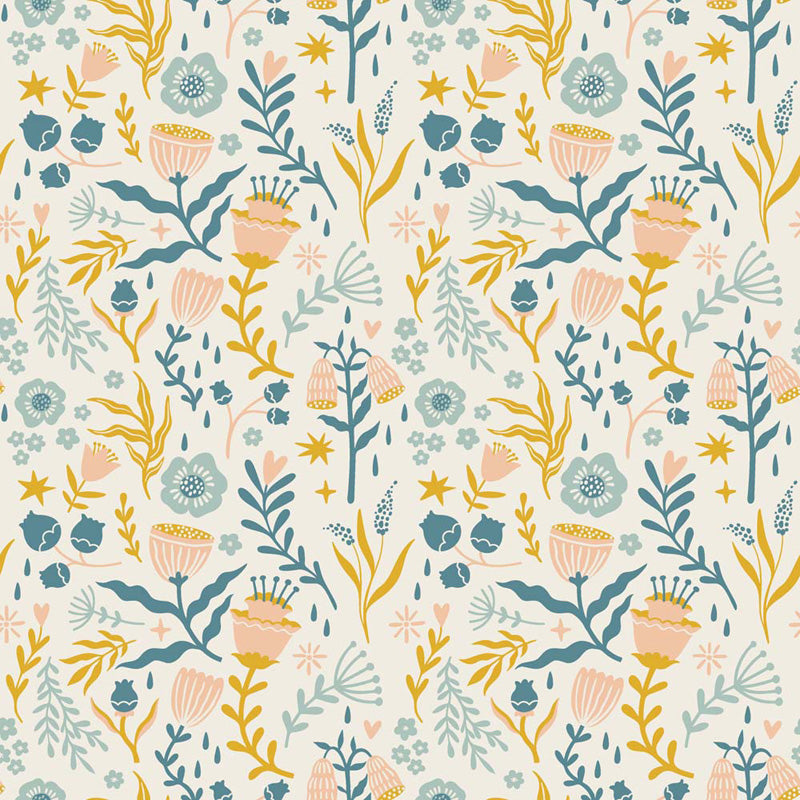 Floral wallpaper design of colorful flowers and leaves on a light background