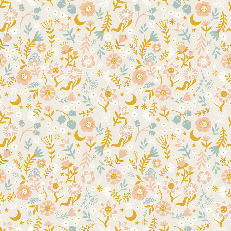Floral and nature wallpaper pattern with flowers, leaves, and small animals on a light background.