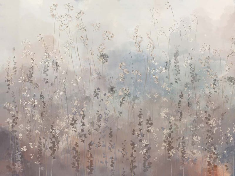 Abstract wallpaper art with soft, muted colors and delicate floral elements.
