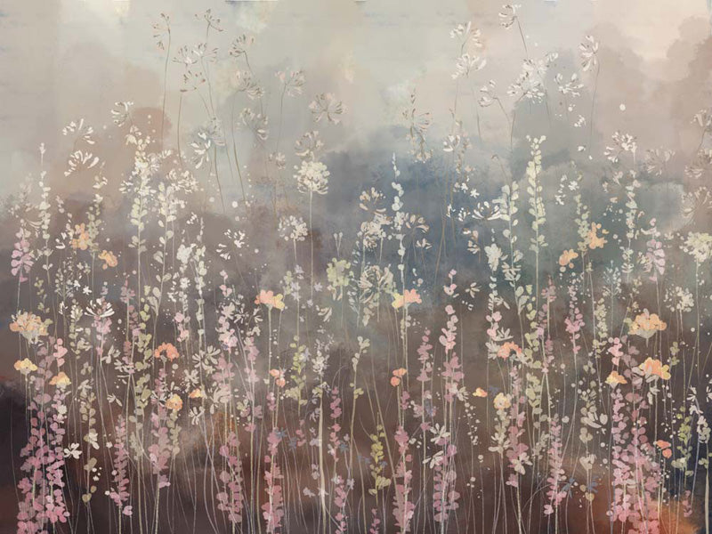 Abstract artwork with soft pastel colors and floral wallpaper.