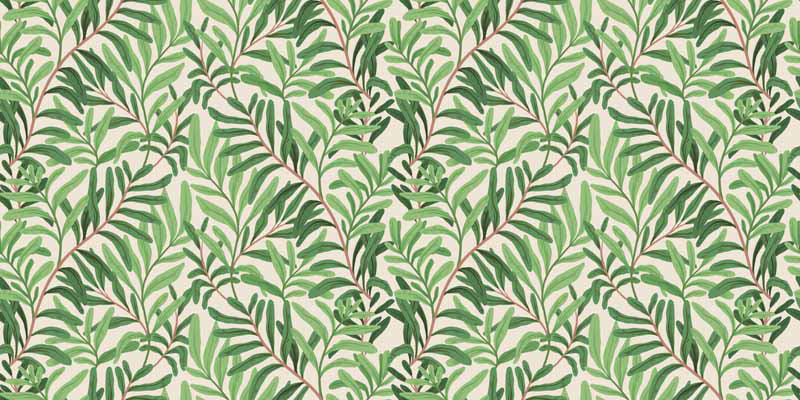 Pattern of green leaves on a beige wallpaper