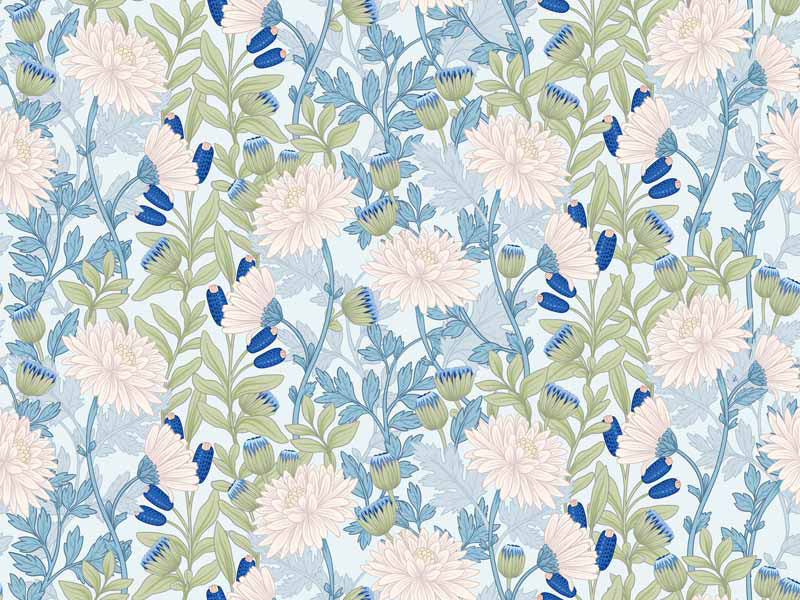 Floral wallpaper pattern with white flowers and green leaves on a light blue background