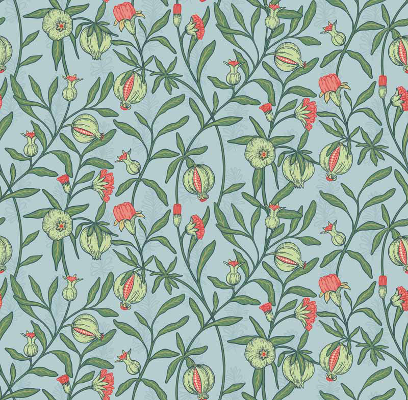 Floral wallpaper design with green leaves and red flowers on a blue background