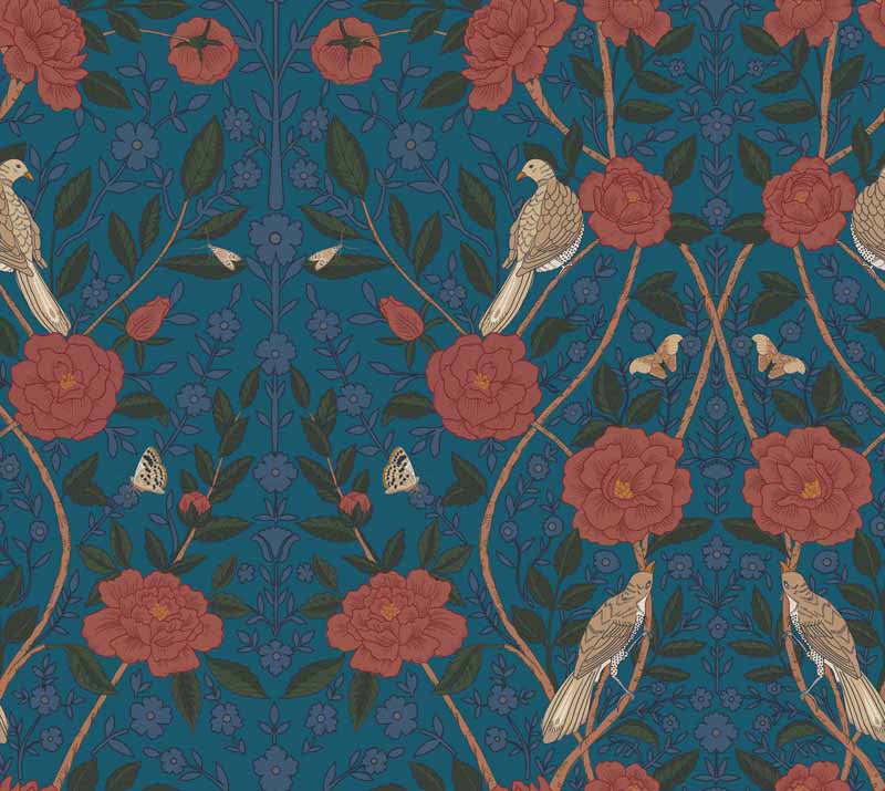 willian morris walpaper with birds, flowers, and leaves on a blue background