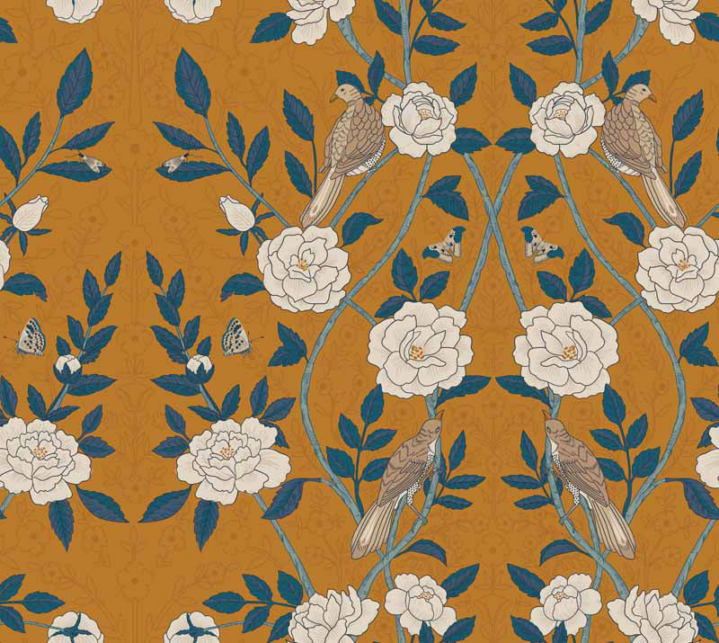 Willian morris walpaper of birds and flowers on a mustard yellow background