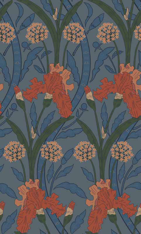 Floral wallpaper pattern with red flowers and green leaves on a blue background