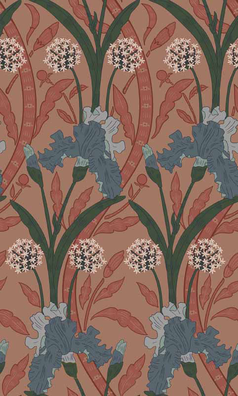 Floral wallpaper pattern with blue and white flowers on a red-brown background
