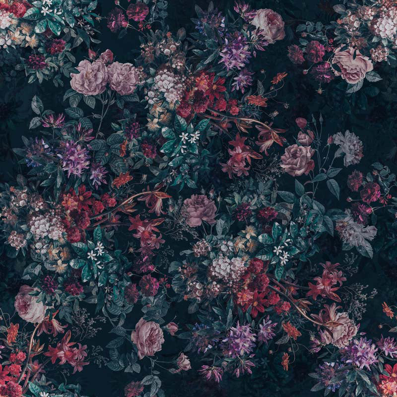 Dark floral wallpaper pattern with various flowers on a dark background
