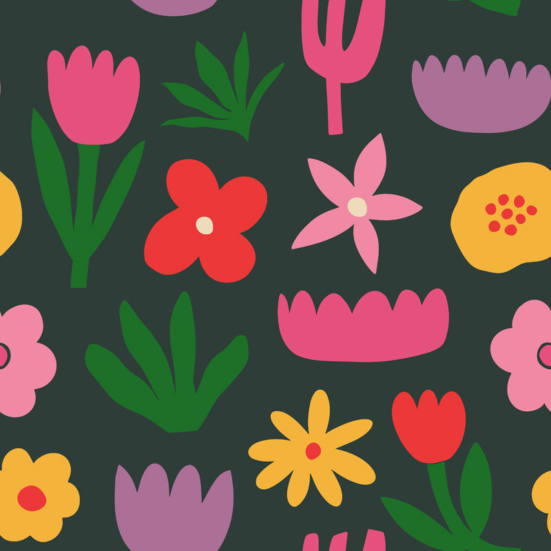 Colorful floral wallpaper pattern on a dark green background