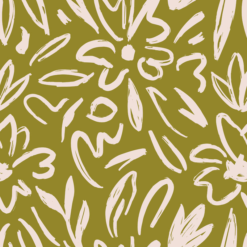White abstract floral wallpaper pattern on a green background