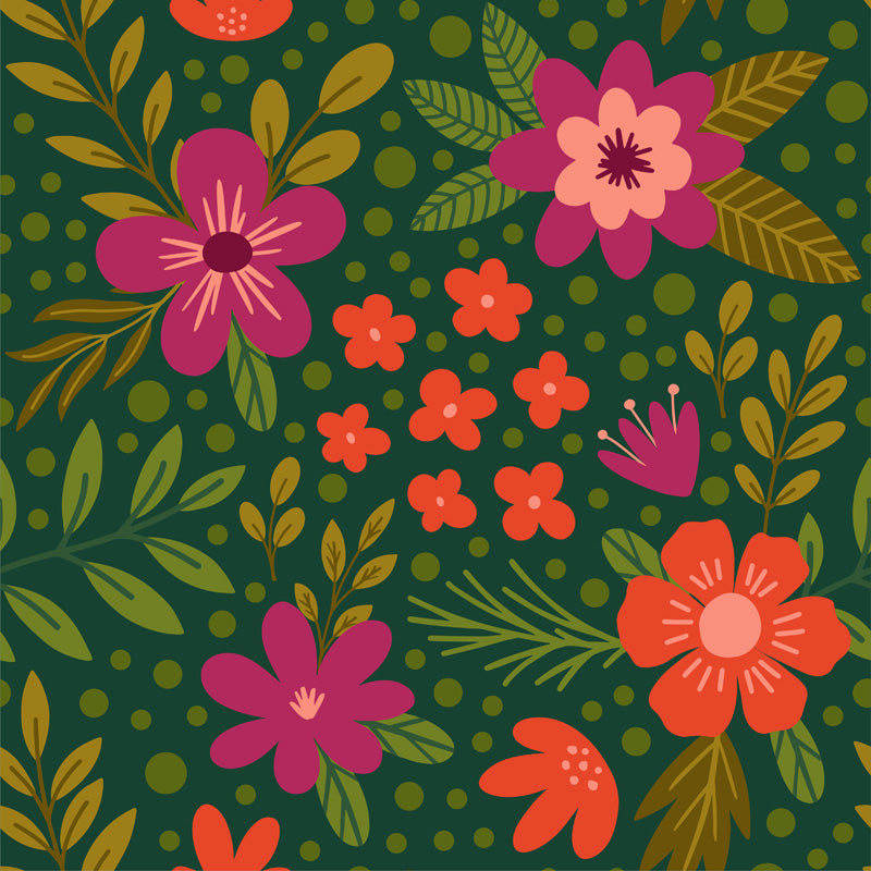 Forest Fiesta Floral Wallpaper – Playful Botanical Design