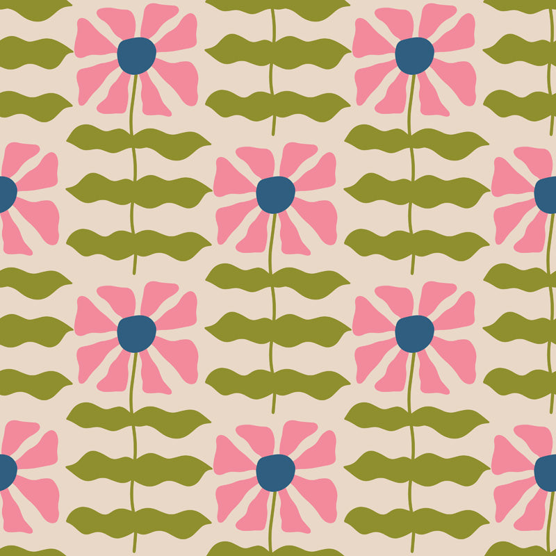 Wave Stem Floral Wallpaper – Retro Botanical Pattern