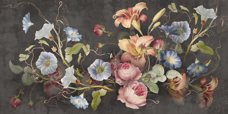 Floral wallpaper with pink, blue, and white flowers on a dark background