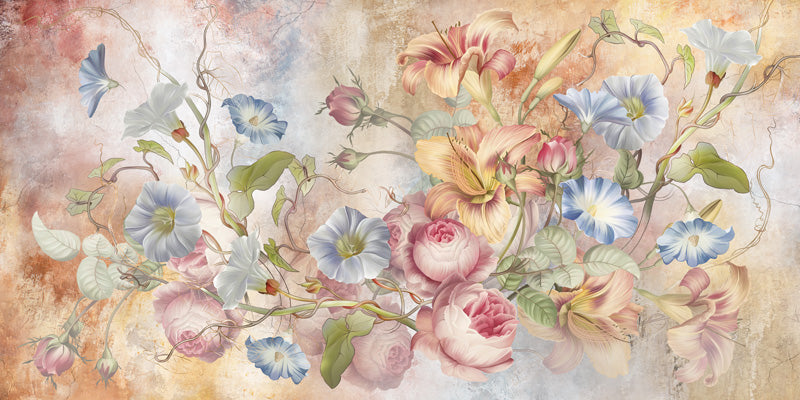 Decorative floral wallpaper design with pastel colors on a textured background
