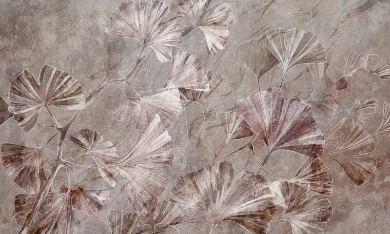 Decorative wallpaper stone surface with leaf-like patterns in brown and beige tones.