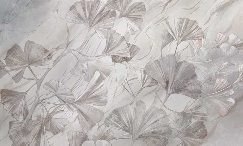 Decorative tile with leaf wallpaper pattern on a light gray background
