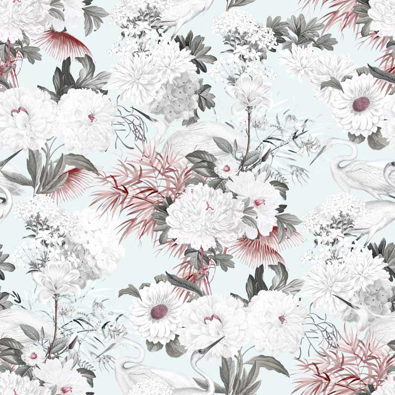 Floral wallpaper pattern with white, pink, and gray flowers on a light blue background